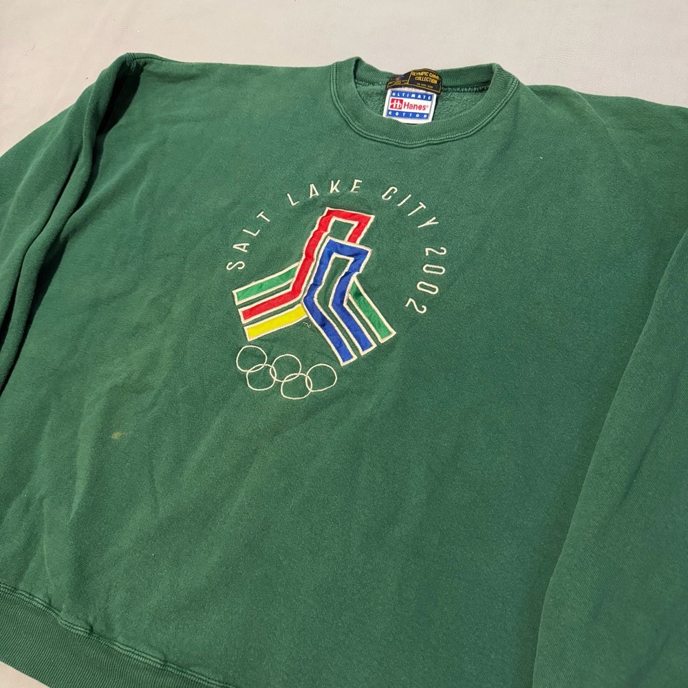 VTG 90s Hanes Salt Lake City 2002 Olympic Sweatshirt Sun Fade Y2K Green XL-9552